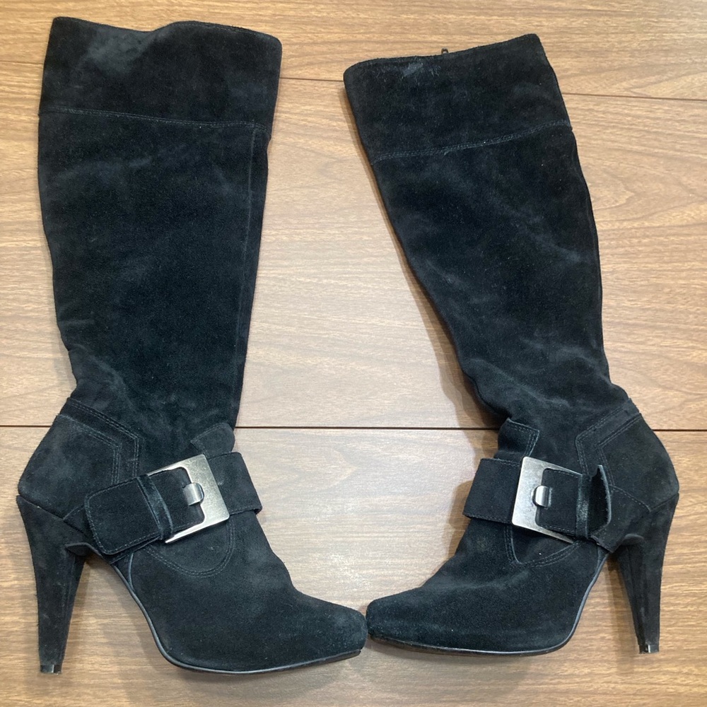 Black suede knee high boot with buckle size 7